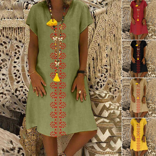 【🏆Gorący sprzedawca】👗【S-5XL】Bawełniana sukienka z nadrukiem i dekoltem w kształcie litery V