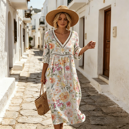 [S-5XL] Női lezser nyári ruha virágmintás V-nyakkal, pamutból és lenvászonból.