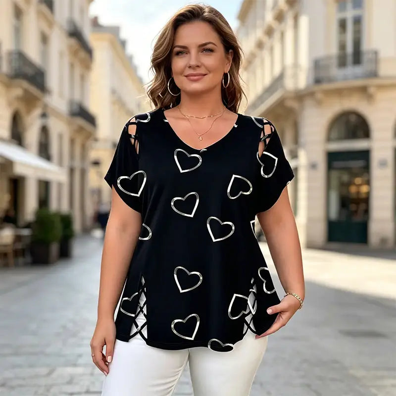 👚【Kup jeden, druhý zdarma】【Velikosti - 5XL】Módní tričko s výstřihem do V a srdíčkovým výstřihem