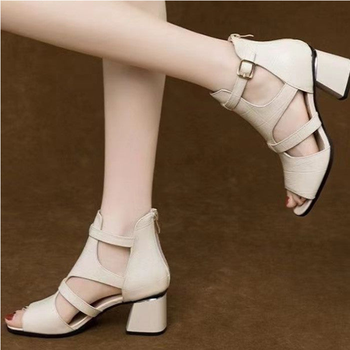 ✨【35-40】👡 Nové měkké, měkké kožené, rybí dno, rybí tlama, dutá tlama, tlustý podpatek, římské sandály