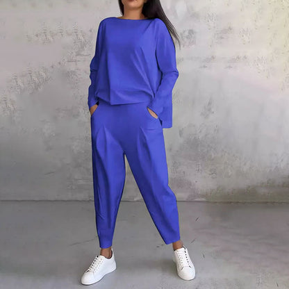 💥50% zľava časovo obmedzená💖【S-5XL】 Súprava topu s dlhým rukávom a dlhých nohavíc s okrúhlym výstrihom 