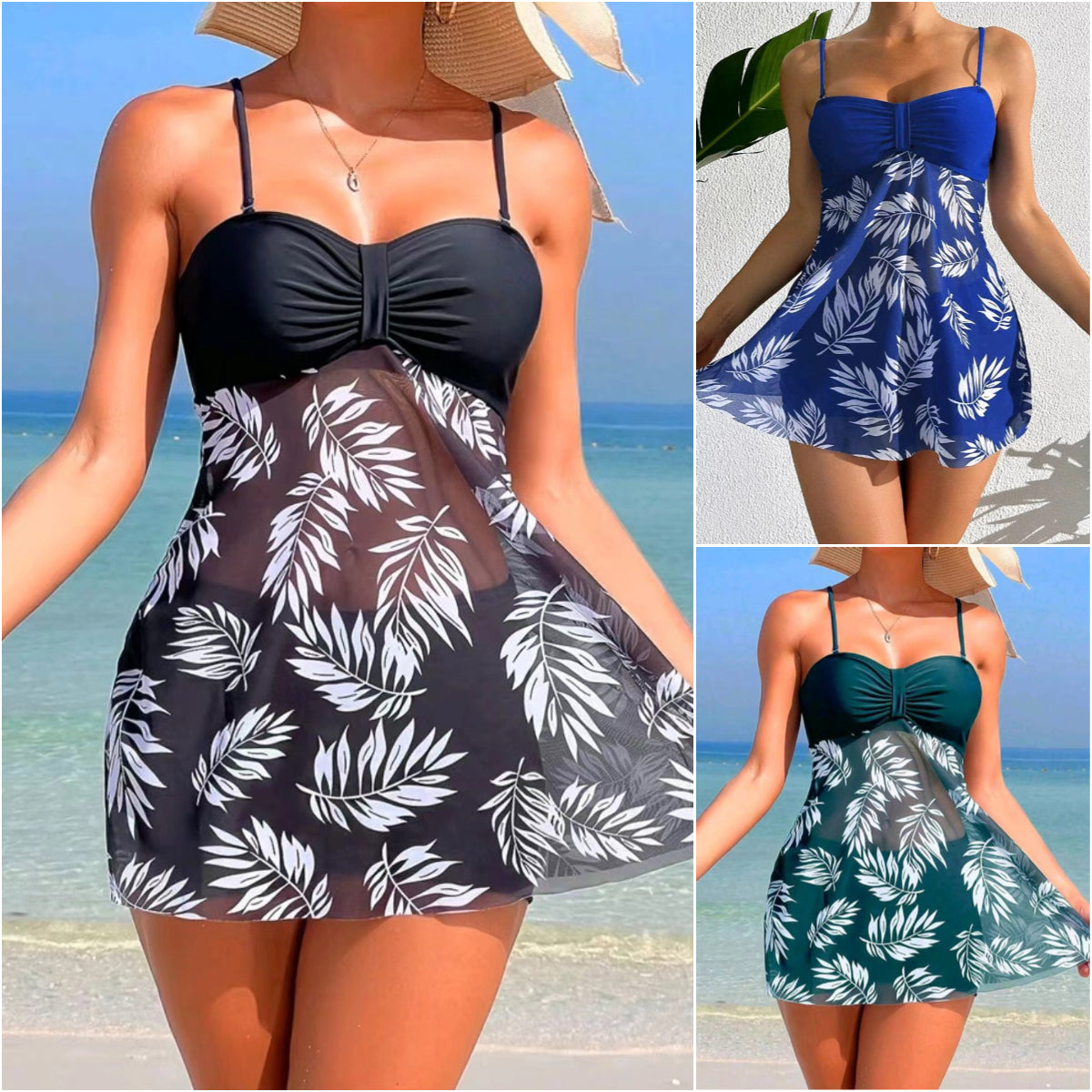 👙【40-100KG】Nové dvoudílné bikiny se síťovanou sukní a potiskem, plavkový set z rychleschnoucího materiálu