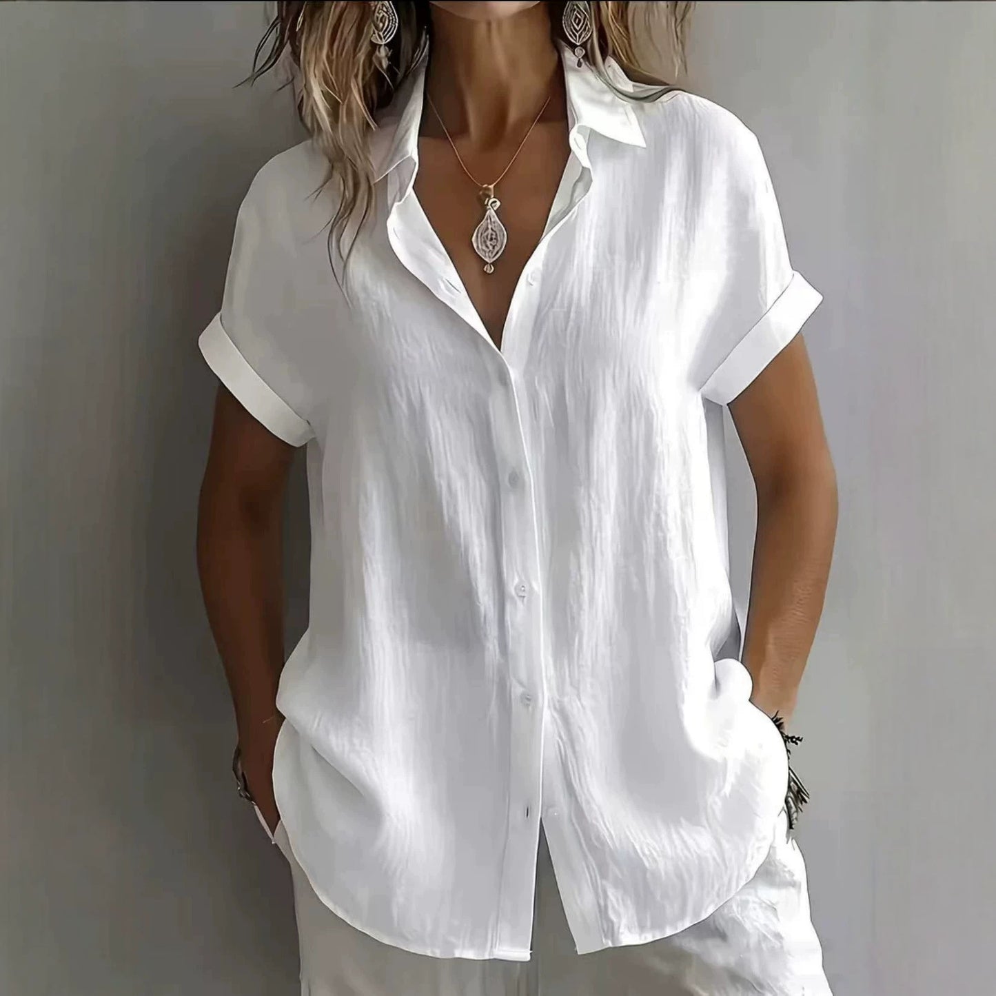 💃 S–2XL, Damska lniana koszula na co dzień z kołnierzykiem i krótkim rękawem