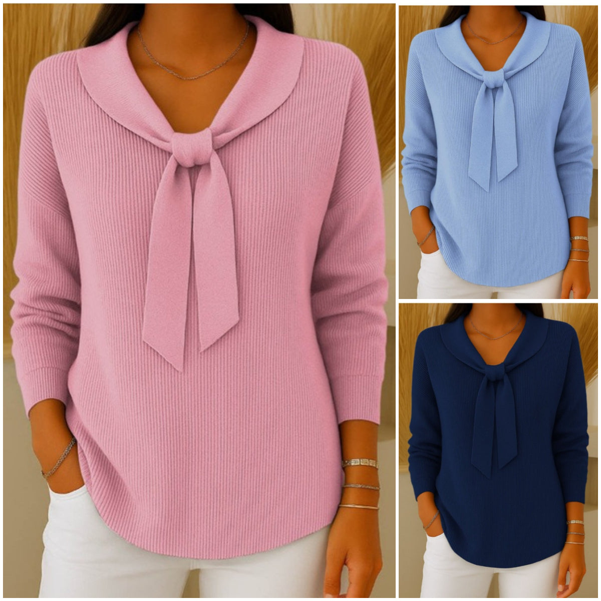 【S~5XL】Sweter damski w jednolitym kolorze z wiązaniem i długim rękawem, swobodny i luźny