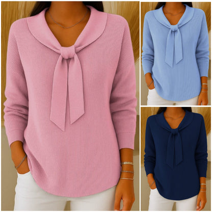 【S~5XL】Sweter damski w jednolitym kolorze z wiązaniem i długim rękawem, swobodny i luźny