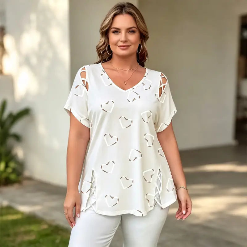👚【Kup jeden, druhý zdarma】【Velikosti - 5XL】Módní tričko s výstřihem do V a srdíčkovým výstřihem