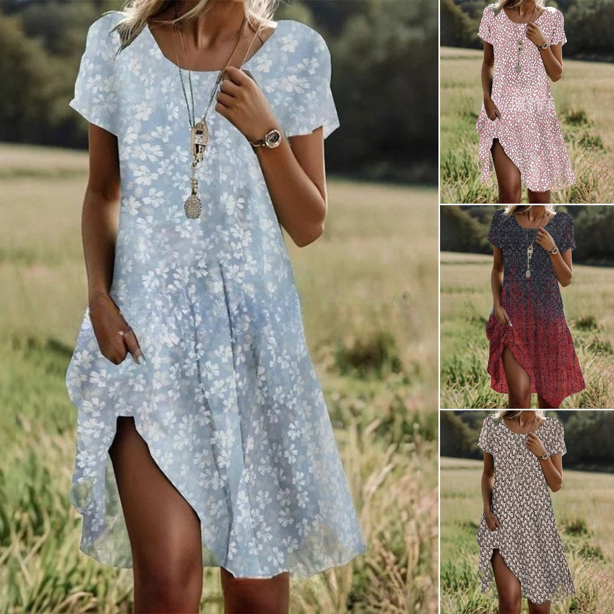 ✨👗【S-3XL】2026-es új alkalmi ruha kerek nyakkivágással, tavaszi és nyári nyomattal