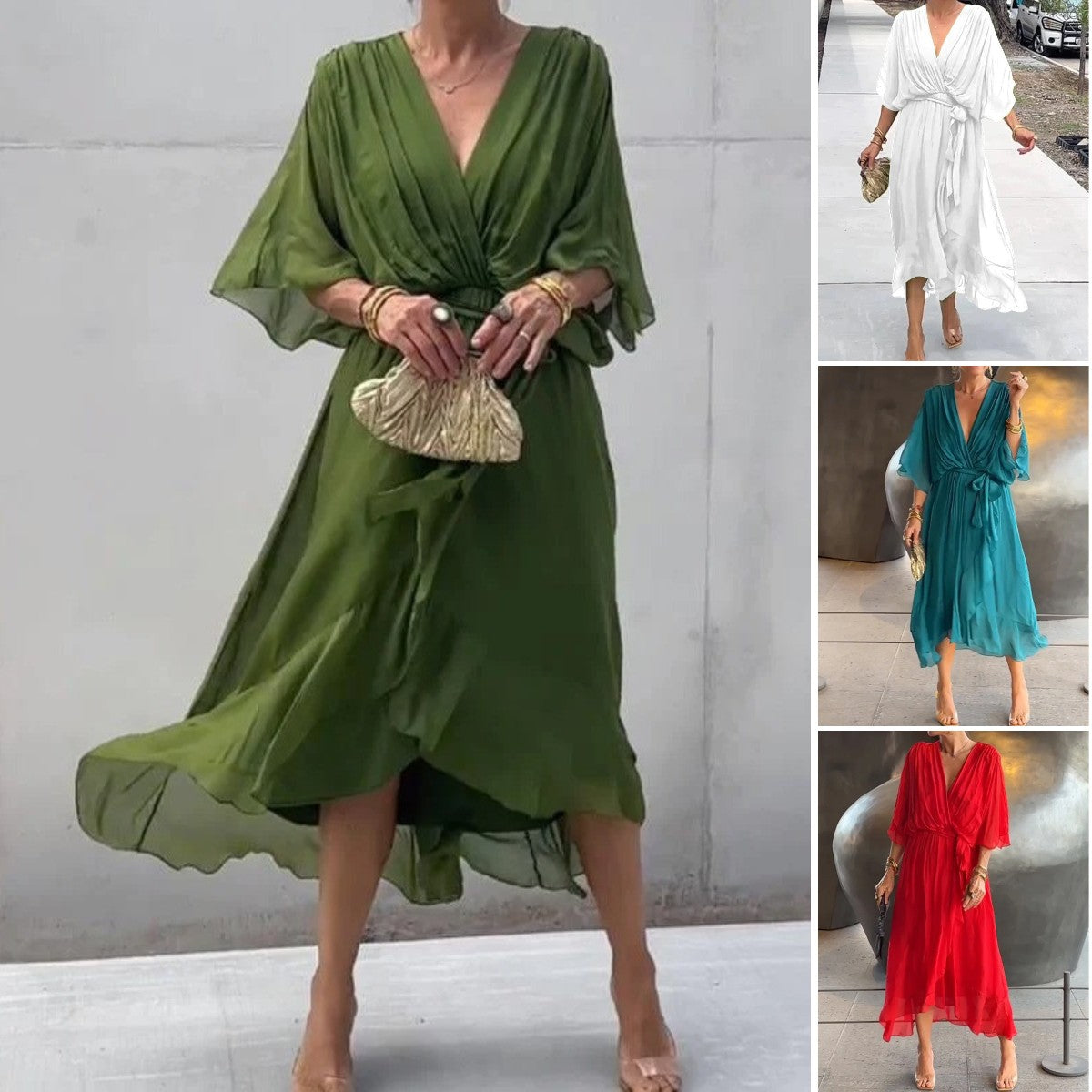 💟【S-5XL】👗 Viacfarebné šifónové čipkované šaty s rukávmi a netopierím vzorom 
