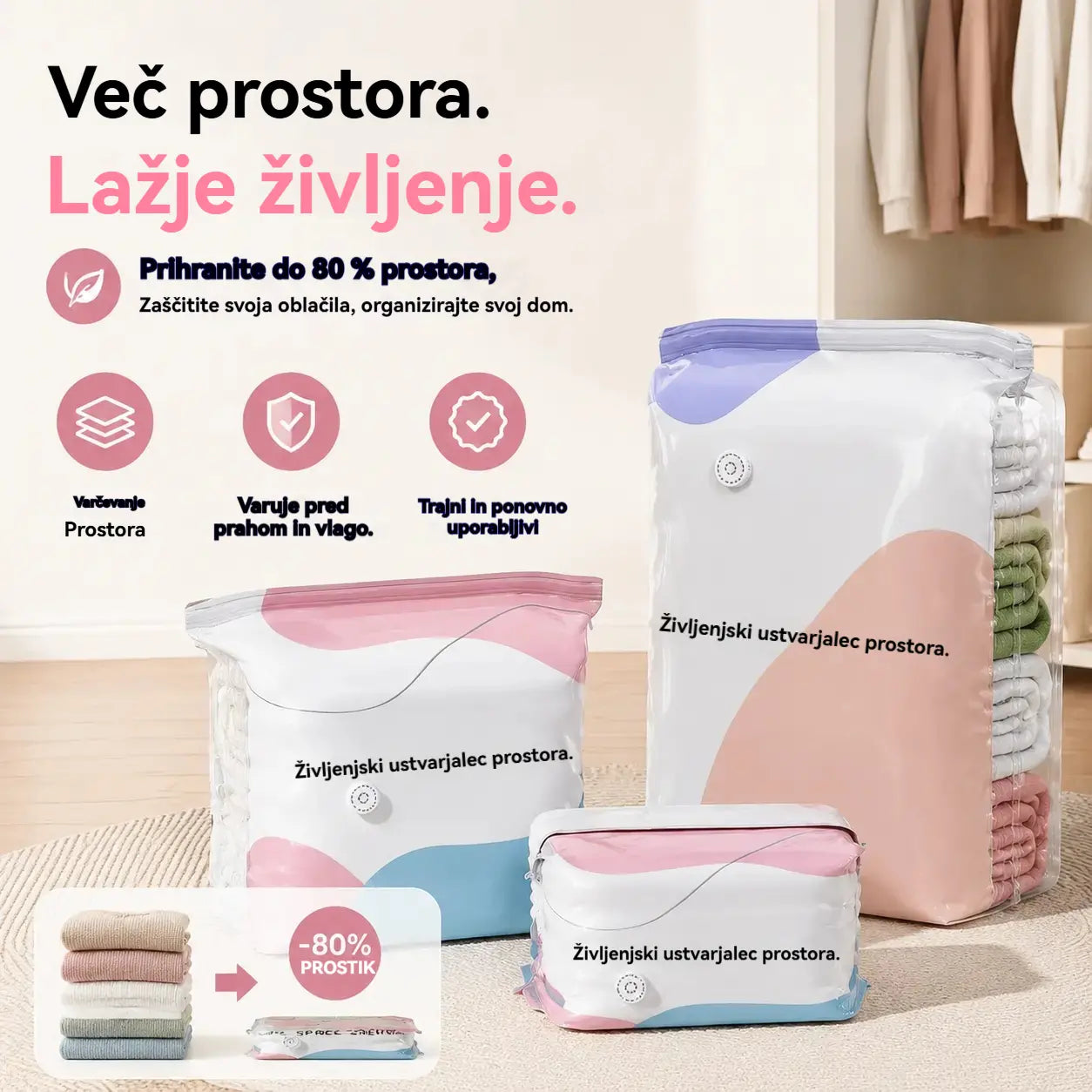 🧳【5-delni komplet 27 evrov】💨 Velika, stisljiva vakuumska vrečka za shranjevanje: črpalka ni potrebna, neprepustna in idealna za prihranek prostora v kovčkih in doma ✈️