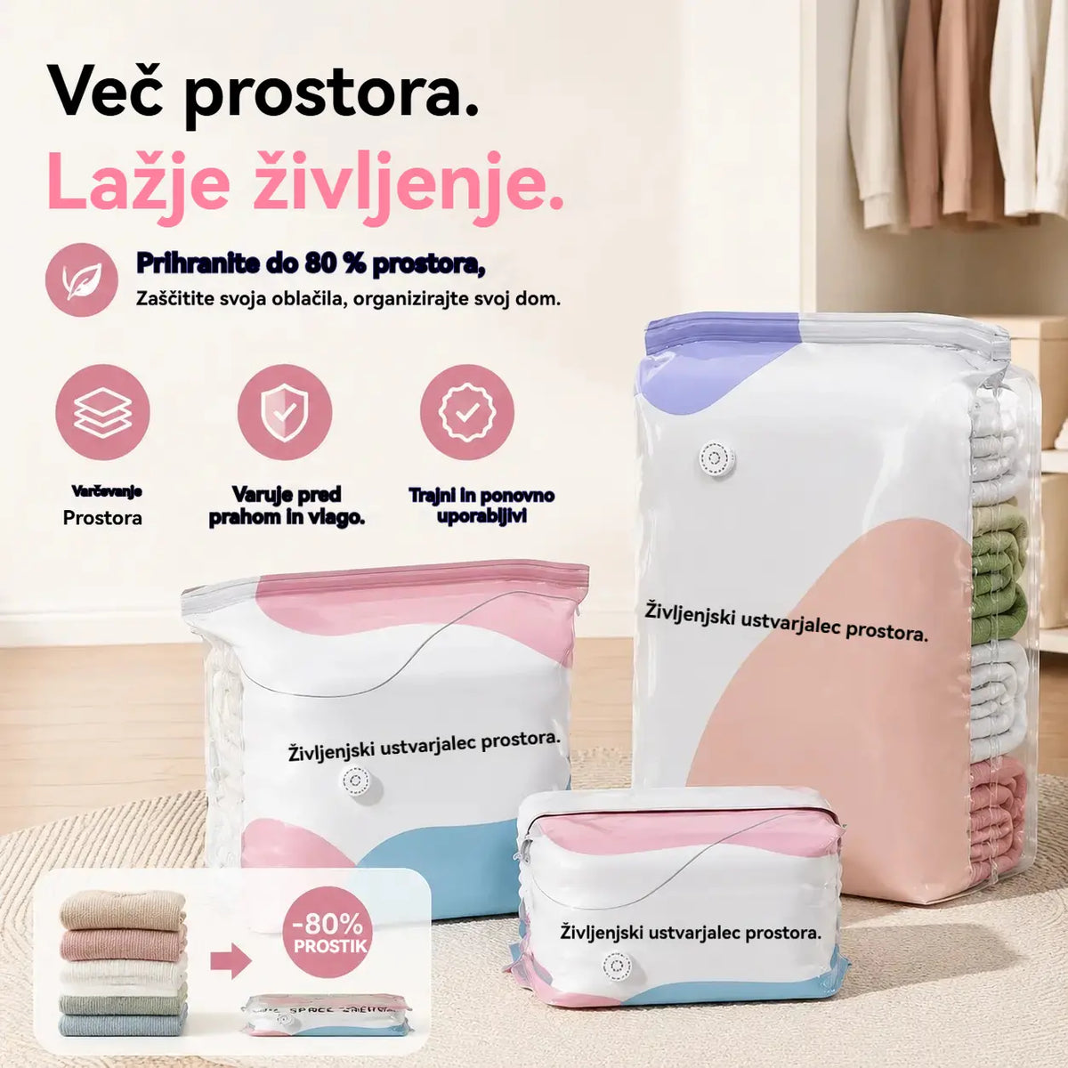 🧳【5-delni komplet 27 evrov】💨 Velika, stisljiva vakuumska vrečka za shranjevanje: črpalka ni potrebna, neprepustna in idealna za prihranek prostora v kovčkih in doma ✈️