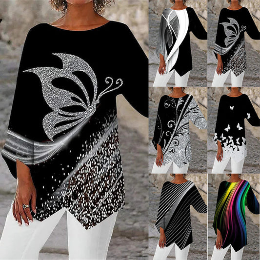Spring Summer Geometric Print Long Sleeve Patchwork Crew Neck Shirt 3616362