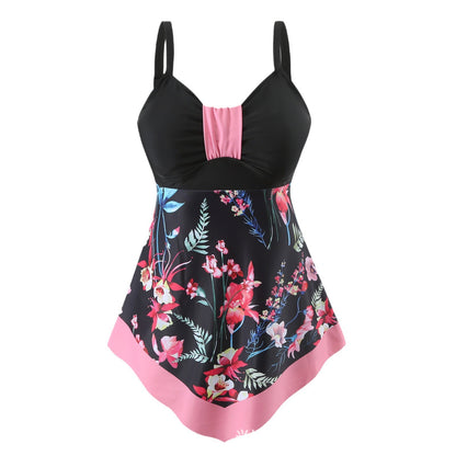 【50% zniżki】👙【S-5XL】Dwuczęściowy kostium kąpielowy z lekką spódniczką, niebieski kwiatowy wzór, elegancki fason modelujący brzuch, wygodny i przewiewny.