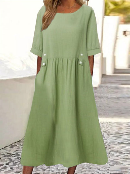 👗【M-3XL】Új pamut-len ruha kerek nyakkivágással, légáteresztő és kényelmes, testhezálló szabás karcsúsító hatással