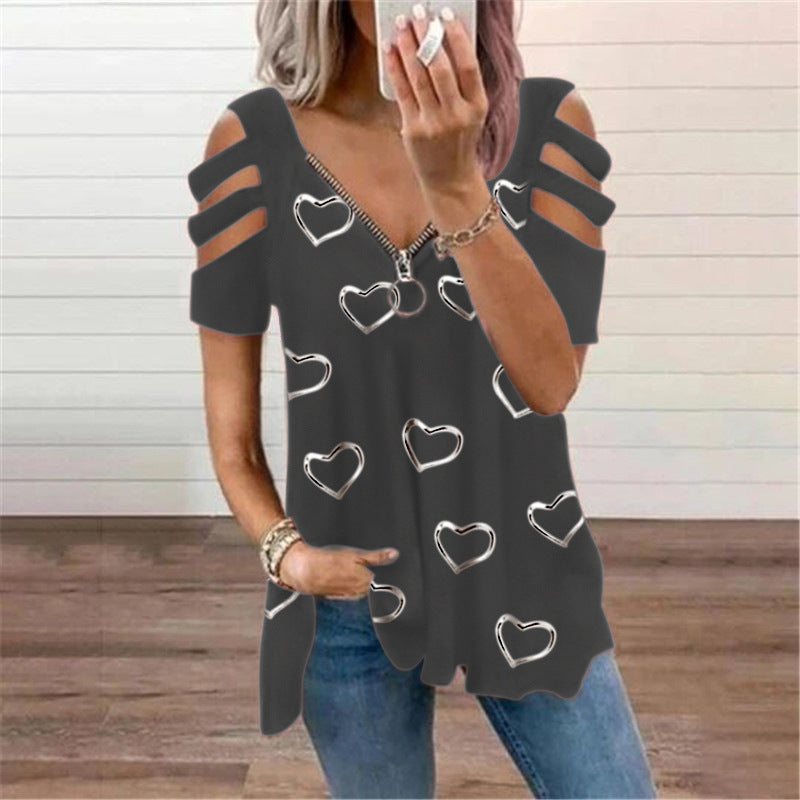 🔥【S-5XL】Nyári pop-up V-nyakú szerelem nyomtatás cipzáras alkalmi póló