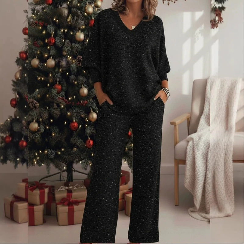 ✨✨【S-4XL】Jesienno-zimowy błyszczący dwuczęściowy komplet bluzowy z długimi rękawami i dekoltem w serek