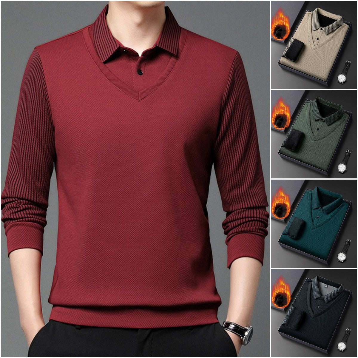 【M-4XL】 Dvojdielne pruhované POLO tričko s imitáciou patchworku 