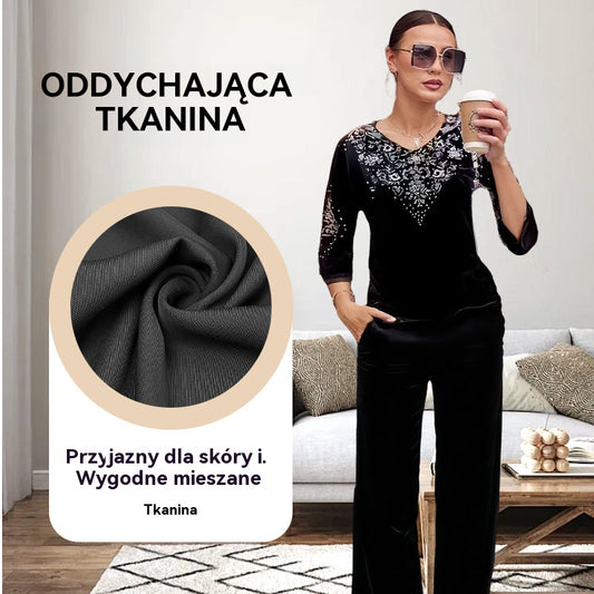 🌟🔥 【50% zniżki】💜Aksamitny damski komplet top i spodnie z kryształkami