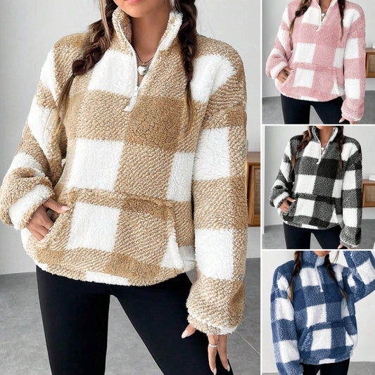 ❄️【S-5XL】 Jesenný/zimný módny krátky kockovaný flísový top s polootvoreným golierom