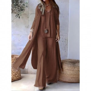 💌【S-4XL】Nuevo conjunto holgado de tres piezas de moda primaveral: pantalón recto con cuello en V + cárdigan largo
