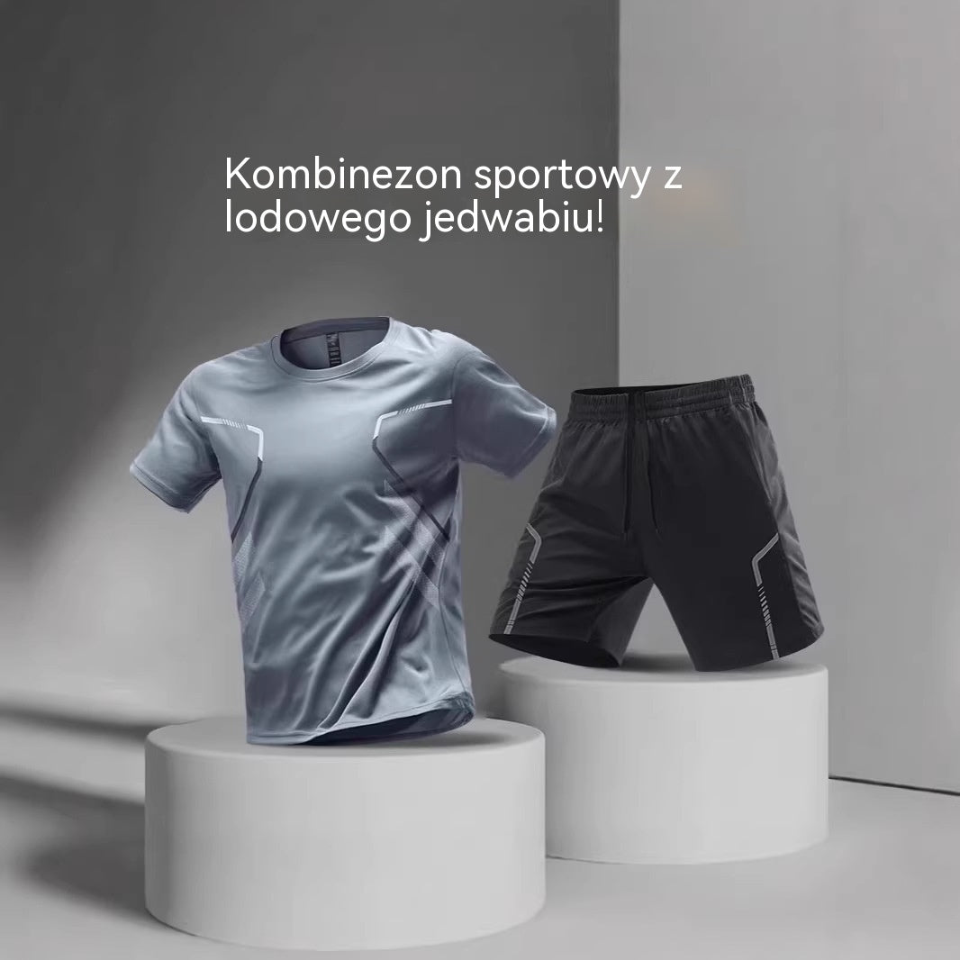[M-5XL] Męski dwuczęściowy zestaw sportowy z szybkoschnącego materiału typu „ice silk” — wygodna koszulka z krótkim rękawem i szorty