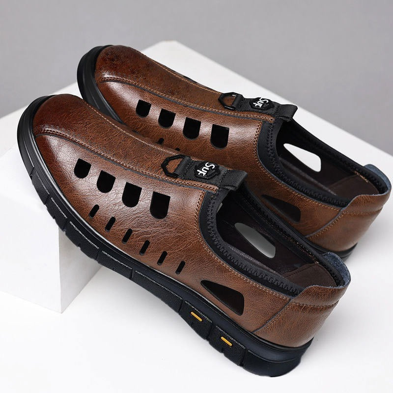 【38-44】2025 Vară Sandale Bărbați Piele de vacă Respirabil Hollow Anti-alunecare Casual