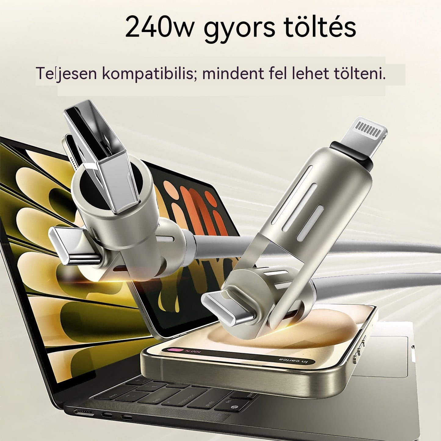 🔥【2 db csak 8700 lábért】🔥 (2 m hosszú) 4 az 1-ben PD 240W gyorstöltő kábel – Támogatja az USB-C, Lightning és USB-A gyorstöltést, alumíniumötvözetből és szilikonból készült, támogatja az adatszinkronizálást ⚡📱