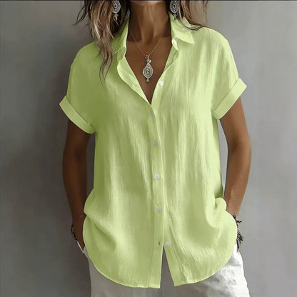 💃 S–2XL, Damska lniana koszula na co dzień z kołnierzykiem i krótkim rękawem