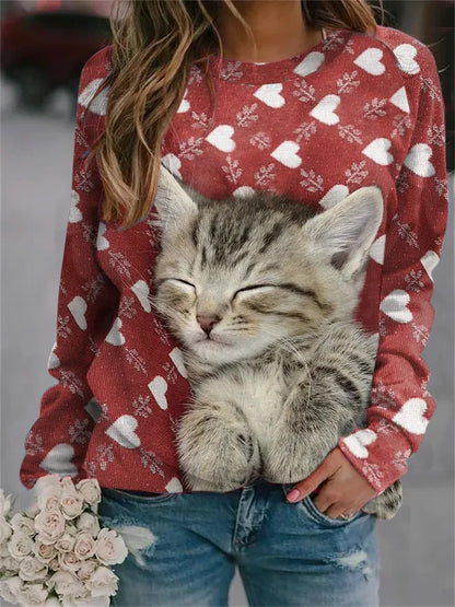 【S-3XL】❤️🐱🐶Damska bluza z długimi rękawami i okrągłym dekoltem z nadrukiem zwierzęcym