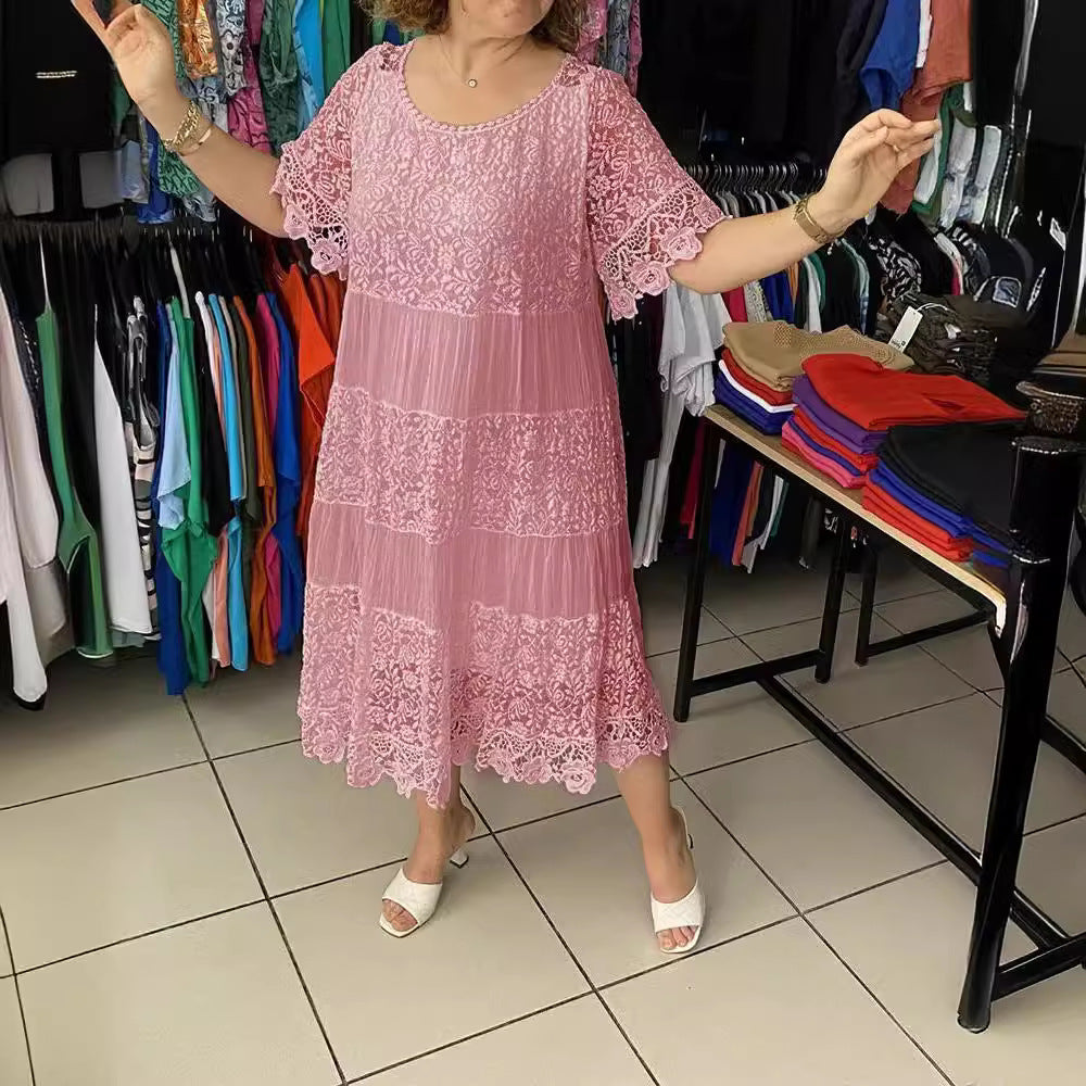 ❤️[S-5XL] Nowa koronkowa sukienka z okrągłym dekoltem i krótkim rękawem