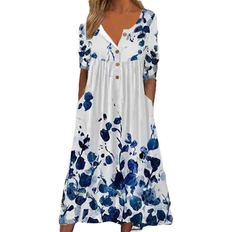 👗👗Tavaszi új, népszerű nyomott V nyakú rövid ujjú ruha