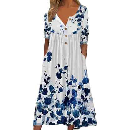 👗👗Tavaszi új, népszerű nyomott V nyakú rövid ujjú ruha