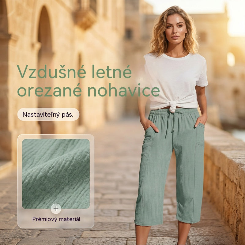 ✨【S-3XL】Dámské jednobarevné skládané zkrácené kalhoty z bavlny a lnu