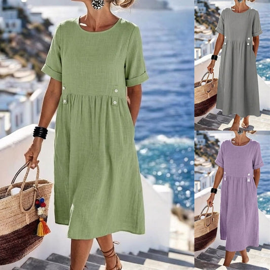 👗【M-3XL】Új pamut-len ruha kerek nyakkivágással, légáteresztő és kényelmes, testhezálló szabás karcsúsító hatással