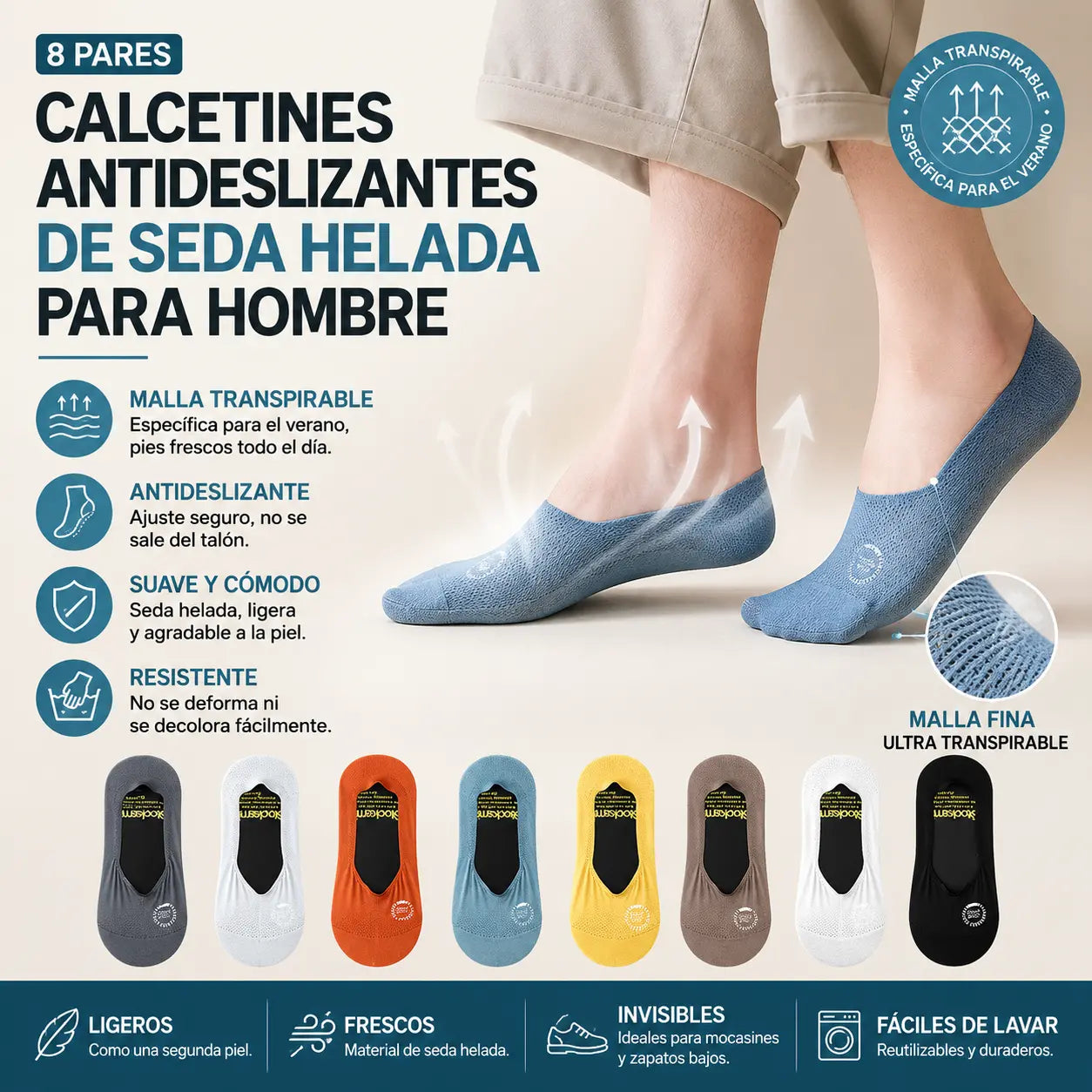 【Compra 4 y llévate 4 gratis】🧦Calcetines cortos invisibles de malla de seda helada transpirables y absorbentes de sudor para verano, antideslizantes y de corte bajo.