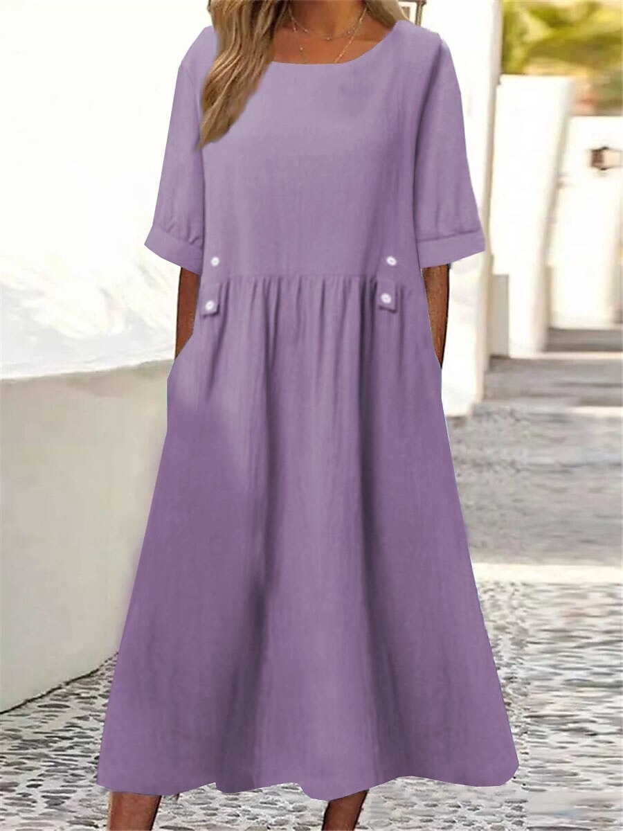 👗【M-3XL】Új pamut-len ruha kerek nyakkivágással, légáteresztő és kényelmes, testhezálló szabás karcsúsító hatással