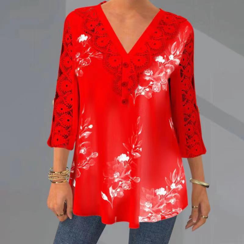 🔥【M–5XL】Elegáns csipke és sifon blúz – kivágott, 3/4-es ujjú és V-nyakú fazon