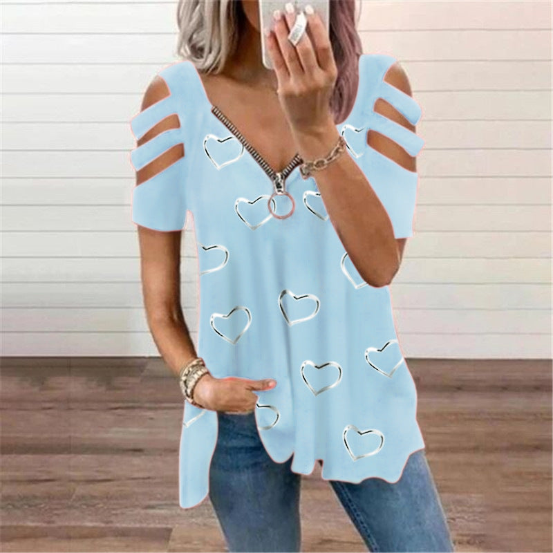 🔥【S-5XL】Nyári pop-up V-nyakú szerelem nyomtatás cipzáras alkalmi póló