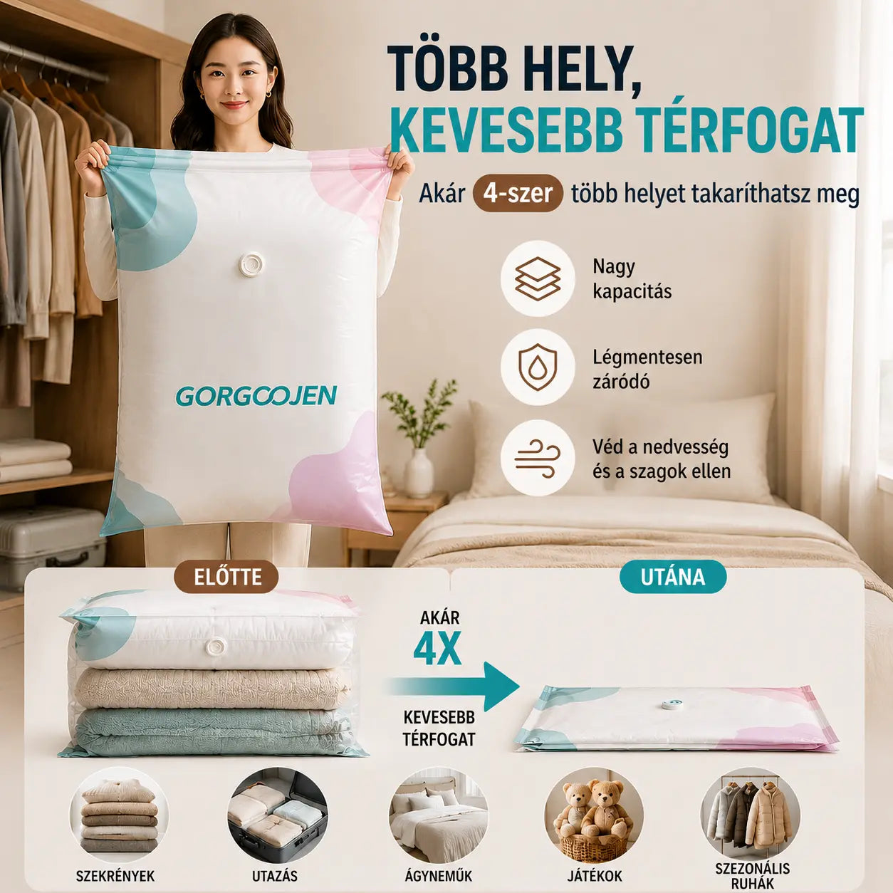 🧳 5 tétel ára 9600 Ft 💨 Nagy, összenyomható vákuumos tárolózacskó: nem igényel pumpát, szivárgásmentes és ideális helytakarékosságra bőröndökben és otthon ✈️