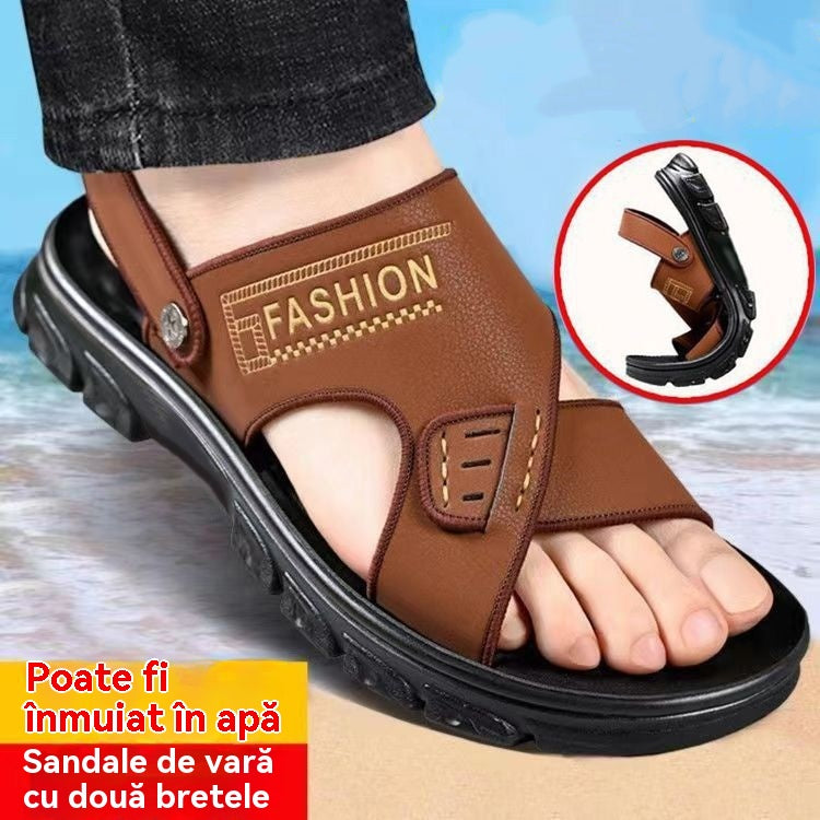 🐂【38-47】Sandale de plajă noi din piele cu talpă groasă pentru bărbați