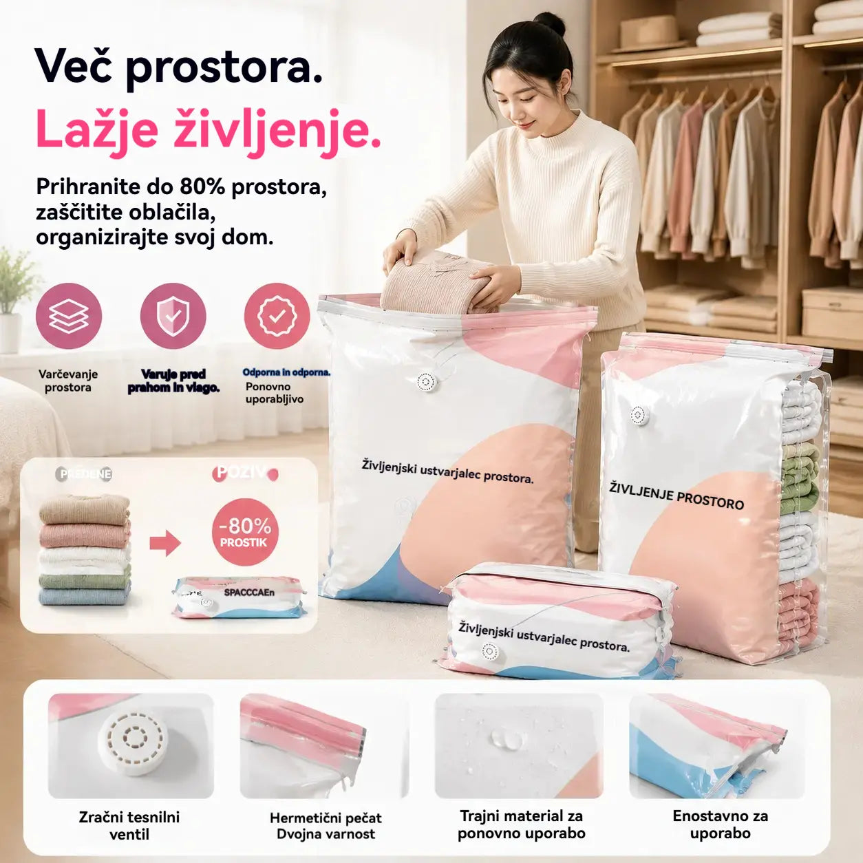 🧳【5-delni komplet 27 evrov】💨 Velika, stisljiva vakuumska vrečka za shranjevanje: črpalka ni potrebna, neprepustna in idealna za prihranek prostora v kovčkih in doma ✈️