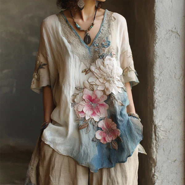 🌺【S-4XL】Elegantná kvetinová blúzka s hlbokým výstrihom do V