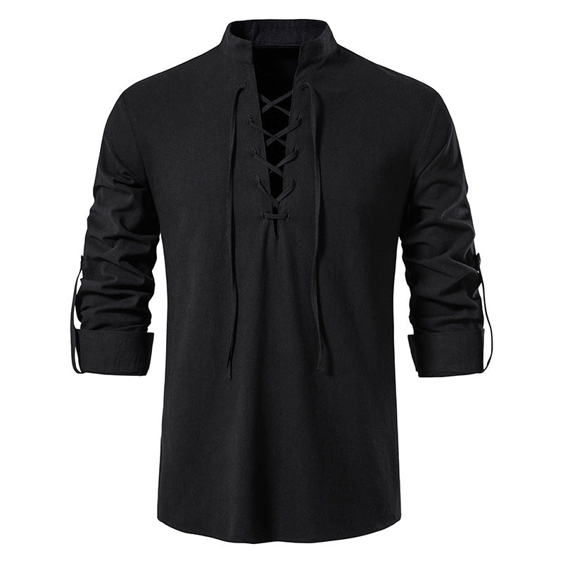 🔥👕【S-2XL】Pánská bavlněná a lněná košile s dlouhým rukávem se stojatým límečkem, volná a prodyšná