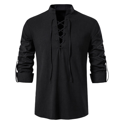 🔥👕【S-2XL】Pánská bavlněná a lněná košile s dlouhým rukávem se stojatým límečkem, volná a prodyšná
