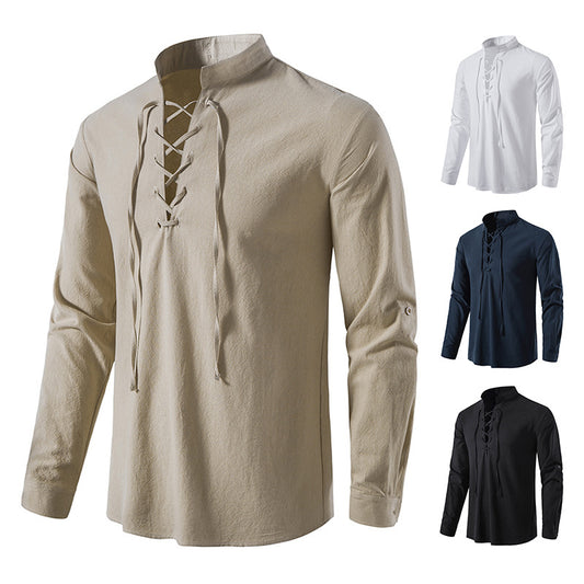🔥👕【S-2XL】Pánská bavlněná a lněná košile s dlouhým rukávem se stojatým límečkem, volná a prodyšná