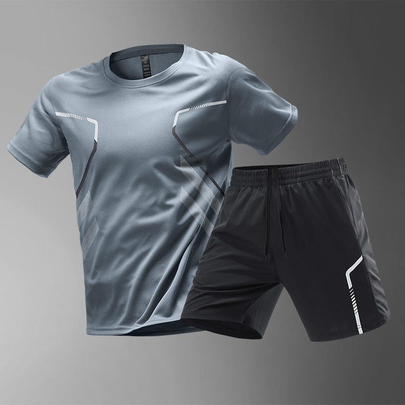 [M-5XL] Męski dwuczęściowy zestaw sportowy z szybkoschnącego materiału typu „ice silk” — wygodna koszulka z krótkim rękawem i szorty