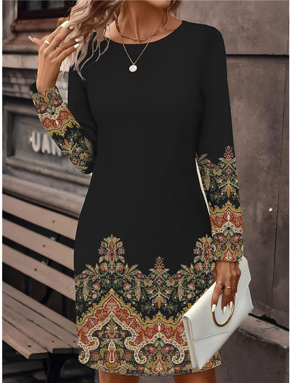 🔥🥰【S-3XL】Wiosenne nowości | Okrągły dekolt, długi rękaw | Sukienka z nadrukiem