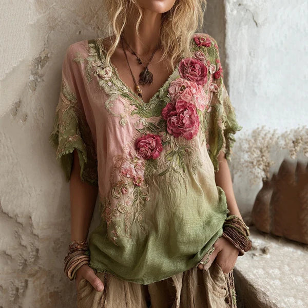 🌺【S-4XL】Elegantná kvetinová blúzka s hlbokým výstrihom do V