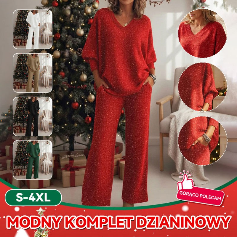 ✨✨【S-4XL】Jesienno-zimowy błyszczący dwuczęściowy komplet bluzowy z długimi rękawami i dekoltem w serek