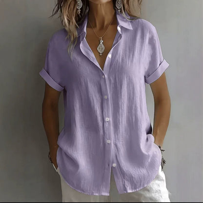 💃 S–2XL, Damska lniana koszula na co dzień z kołnierzykiem i krótkim rękawem