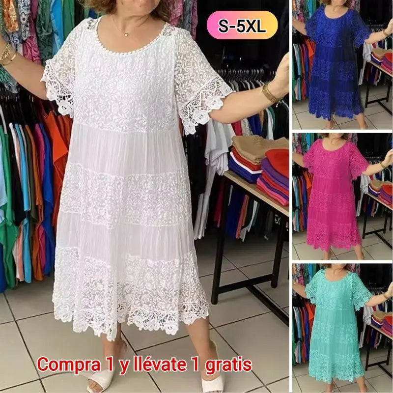 【Compra uno y llévate otro gratis】 [S-5XL] Nuevo vestido tipo camiseta de manga corta 2026, estilo encaje con cuello redondo. [40-120 kg]
